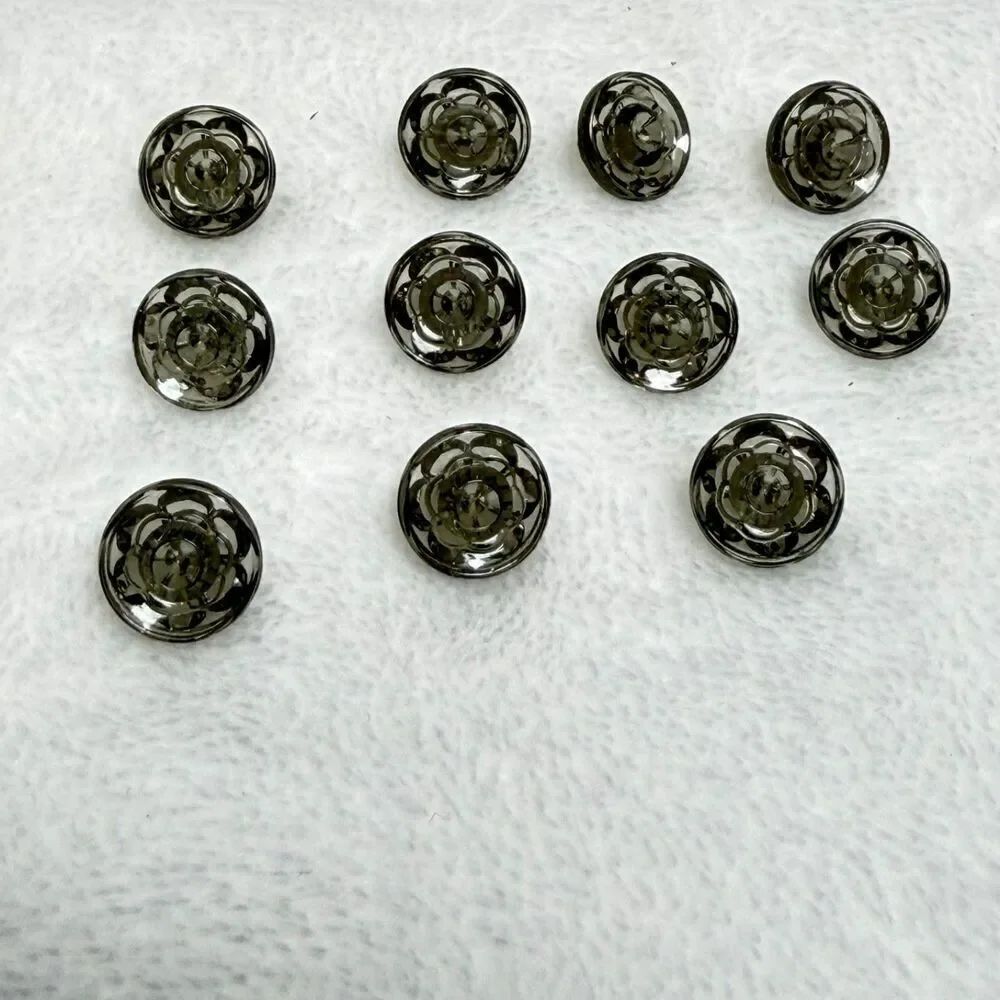Vintage Smoky Gray Glass Buttons Lot 11 Floral Faceted Shank Sewing Craft